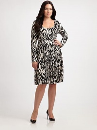 Designed to turn heads, this stretch-modal dress features an alluring scoopneck and an intriguing print. Its long sleeves provide arm coverage as its banded waist will comfortably define your silhouette.ScoopneckLong sleevesPull-on styleAllover printElasticized waistPleated skirtAbout 63 from shoulder to hem92% modal/8% spandexDry cleanMade in USA Designed to turn heads, this stretch-modal dress features an alluring scoopneck and an intriguing print. Its long sleeves provide arm coverage as its banded waist will comfortably define your silhouette.ScoopneckLong sleevesPull-on styleAllover printElasticized waistPleated skirtAbout 63 from shoulder to hem92% modal/8% spandexDry cleanMade in USA