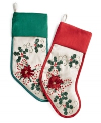 Red sequins and a ribbon floral motif stitched in Jabara's silky Christmas stocking set the scene with crafted elegance. Red sequins and a ribbon floral motif stitched in Jabara's silky Christmas stocking set the scene with crafted elegance.