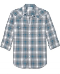 Lucky Brand takes plaid flannel and uses all the old-time details-snap fasteners, a pointed front yoke, chest pockets-to create Jesse, a shirt with modern cowboy cool.