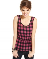 Rocking a mod, checkered print and peplum design, this top from Fire is all about fun day style! Rocking a mod, checkered print and peplum design, this top from Fire is all about fun day style!