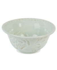 Sculpted blooms and a classic silhouette make the Toulouse cereal bowl by Fitz and Floyd a charming part of any casual landscape. A rustic green glaze adds to its antique appeal. Sculpted blooms and a classic silhouette make the Toulouse cereal bowl by Fitz and Floyd a charming part of any casual landscape. A rustic green glaze adds to its antique appeal.