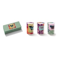 Fringe Mandarin set of three candles. Each votive features a distinctive design printed on hand blown glass for a mesmerizing optical effect. Candles are juicy currant and orange scented. Set comes with a gift box. Approximate candle burn time is up to 15 hours. Fringe Mandarin set of three candles. Each votive features a distinctive design printed on hand blown glass for a mesmerizing optical effect. Candles are juicy currant and orange scented. Set comes with a gift box. Approximate candle burn time is up to 15 hours.