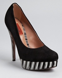Missoni's signature space-dye stripes take their place on the platform and heel of a classic black suede pump. Missoni's signature space-dye stripes take their place on the platform and heel of a classic black suede pump.