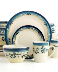 Bring the beauty of dusky skies and soothing meadows to your table with Gibson's Blue Twilight dinnerware set. Pieces feature a rustic leaf pattern and deep blue, cream and green hues. Bring the beauty of dusky skies and soothing meadows to your table with Gibson's Blue Twilight dinnerware set. Pieces feature a rustic leaf pattern and deep blue, cream and green hues.