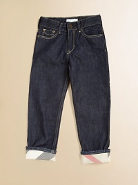 Five pocket jeans in the coolest dark denim sport turned-up check lined cuffs.Zip fly with button closure Belt loops Five-pocket styling Logo patch at back waist Cargo pocket with button closure Cotton Machine wash Imported Five pocket jeans in the coolest dark denim sport turned-up check lined cuffs.Zip fly with button closure Belt loops Five-pocket styling Logo patch at back waist Cargo pocket with button closure Cotton Machine wash Imported