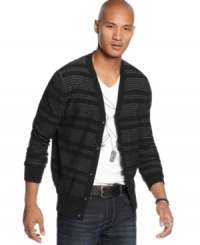 This striped cardigan by Marc Ecko Cut & Sew blends contemporary and classic style. This striped cardigan by Marc Ecko Cut & Sew blends contemporary and classic style.