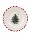 With an historic pattern and candy-cane trim, Spode's Christmas Tree Peppermint canape plates are a festive gift to holiday dining. A full evergreen tree with baubles, tinsel and perfectly wrapped packages sets the table for celebration.