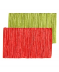 Bright basics. Serengeti placemats combine bold color and simple ribbing for a look that's casually cool and conveniently machine washable. Pair with fresh-for-spring Bold Bloom table linens, also by Homewear. Bright basics. Serengeti placemats combine bold color and simple ribbing for a look that's casually cool and conveniently machine washable. Pair with fresh-for-spring Bold Bloom table linens, also by Homewear.