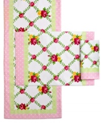 More than fresh, Homewear's easy-care Rose Trellis placemats are crisscrossed with luscious blossoms and trimmed in peppy dots to outfit casual tables with ease. More than fresh, Homewear's easy-care Rose Trellis placemats are crisscrossed with luscious blossoms and trimmed in peppy dots to outfit casual tables with ease.