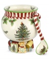 Christmas couldn't be sweeter with Spode's Christmas Tree Peppermint punch bowl. An iconic holiday favorite is trimmed with candy stripes and perched on pretty packages in a festive gift to entertaining. With candy cane ladle.