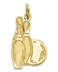 The perfect strike! This cute charm features three bowling pins and a bowling ball, all in polished and textured 14k gold. Chain not included. Approximate length: 9/10 inch. Approximate width: 1/2 inch. The perfect strike! This cute charm features three bowling pins and a bowling ball, all in polished and textured 14k gold. Chain not included. Approximate length: 9/10 inch. Approximate width: 1/2 inch.