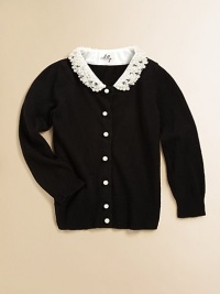A rhinestone and pearl collar define this long-sleeved, cozy cardigan.Removable pearl and rhinestone collarLong sleevesButton-frontPointelle detail at wrists and waistband50% viscose/45% Polyamid/5% CashmereRemove collar and hand washImported Please note: Number of buttons may vary depending on size ordered. A rhinestone and pearl collar define this long-sleeved, cozy cardigan.Removable pearl and rhinestone collarLong sleevesButton-frontPointelle detail at wrists and waistband50% viscose/45% Polyamid/5% CashmereRemove collar and hand washImported Please note: Number of buttons may vary depending on size ordered.