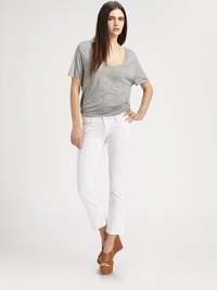 A chic update to your favorite bootcut silhouette, slightly cropped above the ankle in a bright white wash.THE FITRise, about 8Inseam, about 27THE DETAILSZip flyFive-pocket styleSignature stitch back flap pockets98% cotton/2% elastaneMachine washMade in USA of imported fabricModel shown is 5'9 (175cm) wearing US size 4. A chic update to your favorite bootcut silhouette, slightly cropped above the ankle in a bright white wash.THE FITRise, about 8Inseam, about 27THE DETAILSZip flyFive-pocket styleSignature stitch back flap pockets98% cotton/2% elastaneMachine washMade in USA of imported fabricModel shown is 5'9 (175cm) wearing US size 4.