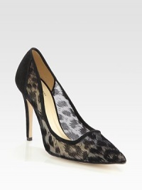 A daring leopard print amplifies this semi-sheer mesh and suede point toe pump. Suede-covered heel, 4¼ (110mm)Leopard-print mesh and suede upperPoint toeLeather lining and solePadded insoleMade in Italy A daring leopard print amplifies this semi-sheer mesh and suede point toe pump. Suede-covered heel, 4¼ (110mm)Leopard-print mesh and suede upperPoint toeLeather lining and solePadded insoleMade in Italy