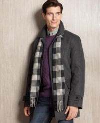 Set yourself up with instant style and cool-weather comfort in this wool-blend coat and scarf from London Fog.