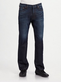 A relaxed, straight-leg fit in dark-washed denim characterized by light sanding, a hint of whiskering and subtle grinding. Five-pocket style Low rise Leather logo patch on back waist Inseam, about 36 Cotton Machine wash Made in USA A relaxed, straight-leg fit in dark-washed denim characterized by light sanding, a hint of whiskering and subtle grinding. Five-pocket style Low rise Leather logo patch on back waist Inseam, about 36 Cotton Machine wash Made in USA