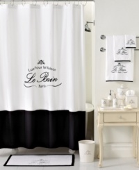 Parisian-inspired elegance transforms the bathroom with this Le Bain shower curtain from Kassatex, featuring a beautiful white cotton background embellished with embroidered French words for a classic and refined look. Parisian-inspired elegance transforms the bathroom with this Le Bain shower curtain from Kassatex, featuring a beautiful white cotton background embellished with embroidered French words for a classic and refined look.
