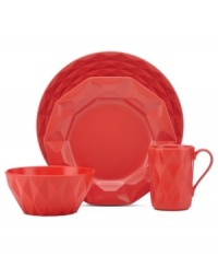 A cut above. The Castle Peak place setting presents an ultra-modern take on kate spade new york's signature bow motif featuring bold faceted accents in chili-red stoneware.