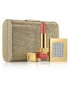Makeup essentials for Sparkling Nights. The perfect gift: a sleek, goldtone clutch that includes a golden mirror made with SWAROVSKI ELEMENTS and a Pure Color Crystal Lipstick in Bermuda Pink. Limited quantities. Made in USA. 