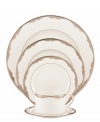 Take a shine to Trimble Place dinnerware. Modern bone china hit by a wave of polished platinum gives this kate spade new york place setting a sense of unfussy yet undeniable elegance.