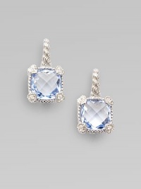 From the Linen Collection. A small cushion-cut blue quartz shimmers in a sterling silver setting, accented by white sapphires.Blue quartzWhite sapphireSterling silverLength, about ¾Ear wireImported