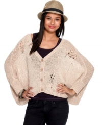 Open stitch details add a distressed edge to this oversized Bar III cardigan -- a hot spring layering piece! Open stitch details add a distressed edge to this oversized Bar III cardigan -- a hot spring layering piece!