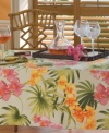 Oversized florals bloom with Tommy Bahama's signature style on table linens offering an enticing escape from ordinary dining. Bright orange, pink and green pack a tropical punch on the neutral, linen-hued ground of this fresh and casual African Orchid tablecloth.