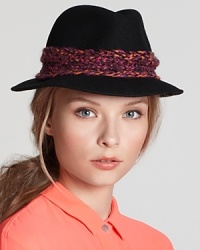 Brighten up your accessories perspective with Aqua's wool fedora, trimmed with a funky, multi-colored band. Brighten up your accessories perspective with Aqua's wool fedora, trimmed with a funky, multi-colored band.