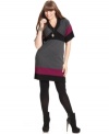 Score an ultra-hot trend with Pink Rose's short sleeve plus size sweater dress, showcasing a colorblocked pattern.