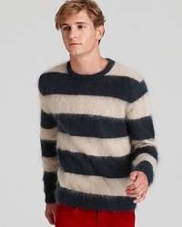 Set off this super-fuzzy fun stripe sweater from MARC BY MARC JACOBS with a pair of colorful cords for a winning combination. Set off this super-fuzzy fun stripe sweater from MARC BY MARC JACOBS with a pair of colorful cords for a winning combination.