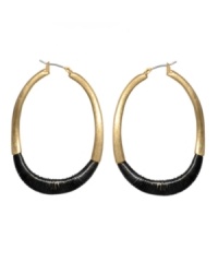 Hoops with an edge. Kenneth Cole New York takes oblong gold-plated mixed metal hoops and wraps black leather around the bottom. Approximate drop: 1-1/2 inches. Hoops with an edge. Kenneth Cole New York takes oblong gold-plated mixed metal hoops and wraps black leather around the bottom. Approximate drop: 1-1/2 inches.