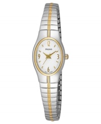 A beautiful style from Pulsar, this women's watch combines two tones for double the elegance. Stainless steel silvertone bracelet and oval case with goldtone accents. Oval white dial with logo and numerical indices. Quartz movement. Water resistant to 30 meters. Three-year limited warranty. A beautiful style from Pulsar, this women's watch combines two tones for double the elegance. Stainless steel silvertone bracelet and oval case with goldtone accents. Oval white dial with logo and numerical indices. Quartz movement. Water resistant to 30 meters. Three-year limited warranty.