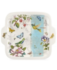 A fresh take on Portmeirion's beloved Botanic Garden pattern, the square Botanic Hummingbird dessert dish features colorful wildlife and muted blooms in modern white porcelain with integrated handles. A fresh take on Portmeirion's beloved Botanic Garden pattern, the square Botanic Hummingbird dessert dish features colorful wildlife and muted blooms in modern white porcelain with integrated handles.