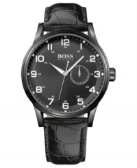 A modern black-on-black design creates an air of mystery with this handsome Hugo Boss watch. A modern black-on-black design creates an air of mystery with this handsome Hugo Boss watch.