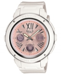A ladylike pink dial adds a sweet touch to this white sport watch from Baby-G. A ladylike pink dial adds a sweet touch to this white sport watch from Baby-G.