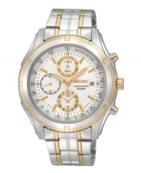 Highly functional yet easy-to-read. Chronograph watch by Seiko crafted of two-tone stainless steel bracelet and round case, 42mm. White chronograph dial features applied gold tone stick indices, minute track, tachymeter scale, date window at three o'clock, three subdials, luminous hands and logo. Quartz movement. Water resistant to 100 meters. Three-year limited warranty. Highly functional yet easy-to-read. Chronograph watch by Seiko crafted of two-tone stainless steel bracelet and round case, 42mm. White chronograph dial features applied gold tone stick indices, minute track, tachymeter scale, date window at three o'clock, three subdials, luminous hands and logo. Quartz movement. Water resistant to 100 meters. Three-year limited warranty.