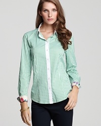 Crafted in a gingham pattern that's borrowed from the boys, this BASLER checked shirt is styled from a feminine perspective with shaping darts and sweet floral-lined cuffs. Crafted in a gingham pattern that's borrowed from the boys, this BASLER checked shirt is styled from a feminine perspective with shaping darts and sweet floral-lined cuffs.
