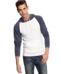 Cool comfort style is what you're all about in this raglan sport pullover by Alternative Apparel with fleece lined hood to keep you warm. Cool comfort style is what you're all about in this raglan sport pullover by Alternative Apparel with fleece lined hood to keep you warm.