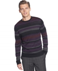 On the go and can't decide what to wear? This mellow multi-tone merino colored striped sweater by Calvin Klein goes well with jeans or slacks. On the go and can't decide what to wear? This mellow multi-tone merino colored striped sweater by Calvin Klein goes well with jeans or slacks.