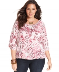 Add cheer to your casual wear with Lucky Brand Jeans' three-quarter-sleeve plus size top, featuring a vibrant print. (Clearance) Add cheer to your casual wear with Lucky Brand Jeans' three-quarter-sleeve plus size top, featuring a vibrant print. (Clearance)