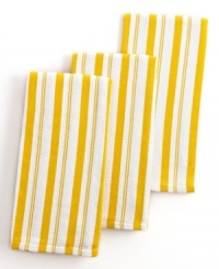 Line up. Increase the charm in your kitchen with these versatile, statement-making striped towels. Made from a super absorbent textured basketweave cotton in a bubbly yellow hue, these towels are a fun addition to a busy space. Line up. Increase the charm in your kitchen with these versatile, statement-making striped towels. Made from a super absorbent textured basketweave cotton in a bubbly yellow hue, these towels are a fun addition to a busy space.