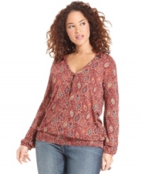 Look pretty in paisley with Lucky Brand Jeans' long sleeve plus size top, finished by a smocked hem. Look pretty in paisley with Lucky Brand Jeans' long sleeve plus size top, finished by a smocked hem.