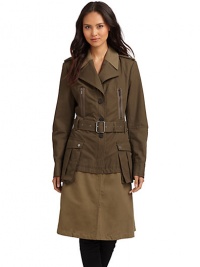 THE LOOKNotched lapelBelted waistButton closureFlap pocketsTwo-tone hemTHE FITAbout 37 from shoulder to hemTHE MATERIALCotton/nylonCARE & ORIGINDry cleanImportedModel shown is 5'9 (175cm) wearing US size Small. THE LOOKNotched lapelBelted waistButton closureFlap pocketsTwo-tone hemTHE FITAbout 37 from shoulder to hemTHE MATERIALCotton/nylonCARE & ORIGINDry cleanImportedModel shown is 5'9 (175cm) wearing US size Small.