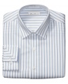 Create long, lean lines in your work wardrobe with this classic striped shirt from Kenneth Cole New York.