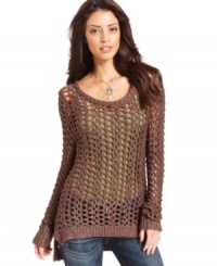 Layer on some trendy texture with this Lucky Brand Jeans metallic open-stitch sweater -- perfect for adding sparkle to your style! Layer on some trendy texture with this Lucky Brand Jeans metallic open-stitch sweater -- perfect for adding sparkle to your style!