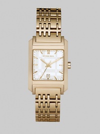 Familiar Burberry checks are subtly designed into the bracelet of this elegant goldplated watch with a silver dial.Quartz movement Water-resistant to 5ATM Smooth bezel Square stainless steel case with IP (ionic plating) gold finish; 25 mm (.98) X 29 mm (1.14) Silver sunray textured dial Bar hour markers Date display at 6:00 Second hand Goldplated link bracelet in check pattern; 16mm wide (.63) Made in Switzerland Familiar Burberry checks are subtly designed into the bracelet of this elegant goldplated watch with a silver dial.Quartz movement Water-resistant to 5ATM Smooth bezel Square stainless steel case with IP (ionic plating) gold finish; 25 mm (.98) X 29 mm (1.14) Silver sunray textured dial Bar hour markers Date display at 6:00 Second hand Goldplated link bracelet in check pattern; 16mm wide (.63) Made in Switzerland