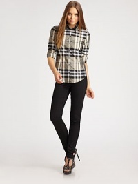 Bold check in a crisp, tailored look fitted with waist darts, front and back.Point collar Button front Button cuffs Shirttail hem Polyester Dry clean Imported Bold check in a crisp, tailored look fitted with waist darts, front and back.Point collar Button front Button cuffs Shirttail hem Polyester Dry clean Imported