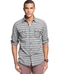 Need a new addition to your line-up? Add this striped shirt from Bar III to your casual crew for a buttoned-up change. Need a new addition to your line-up? Add this striped shirt from Bar III to your casual crew for a buttoned-up change.