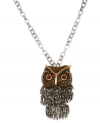 Hoot couture. Lucky Brand's wisely-wearable owl pendant features a shaky design with semi-precious carnelian accents as eyes. Crafted in silver and gold tone mixed metal. Approximate length: 26 inches + 2-inch extender. Approximate drop: 3-1/2 inches. Hoot couture. Lucky Brand's wisely-wearable owl pendant features a shaky design with semi-precious carnelian accents as eyes. Crafted in silver and gold tone mixed metal. Approximate length: 26 inches + 2-inch extender. Approximate drop: 3-1/2 inches.