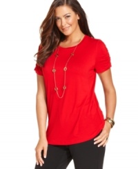 Ruched lends an elegant feel to this classic short sleeve plus size top by Alfani-- snag one in every color!. Ruched lends an elegant feel to this classic short sleeve plus size top by Alfani-- snag one in every color!.